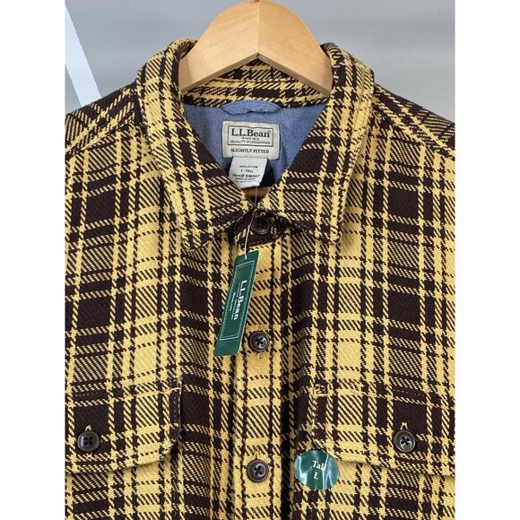 NWT LL Bean 1912 Overshirt Men’s L Tall Slightly Fitted Mustard Brown Plaid Jac - Picture 3 of 16